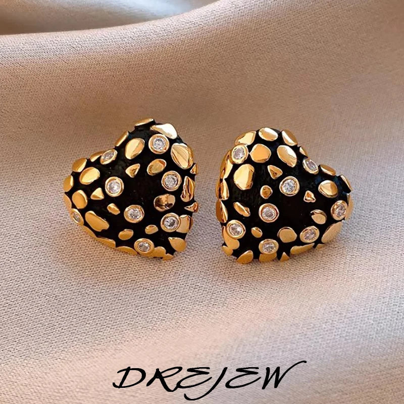 DREJEW Zircon Heart Minimalist Stud Earrings 2026 Retro Personality Fashion Earring for Women Sparkle  Bridal Jewelry Gifts