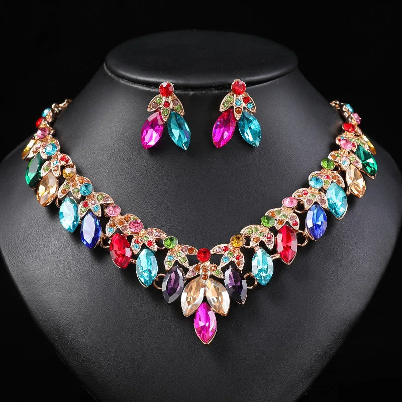 Gorgeous Colorful Crystal Rhinestone Lucky Necklace Earring Set Wedding Party Costume Jewellery NewStyle Trendy design Girl Gift