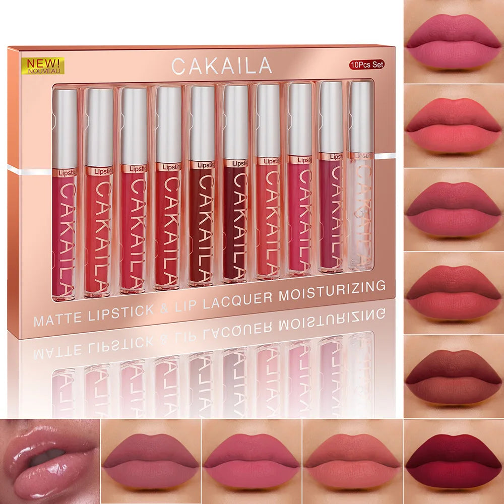 10pcs/set Nude Lip Gloss Matte Velvet Lipstick Waterproof Long-lasting  Liquid Lipstick Women Moist Lip Tint