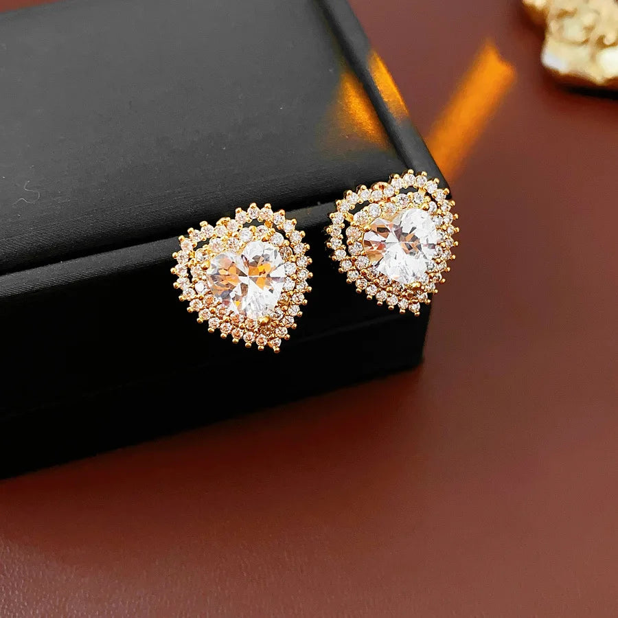 DREJEW Zircon Heart Minimalist Stud Earrings 2026 Retro Personality Fashion Earring for Women Sparkle  Bridal Jewelry Gifts