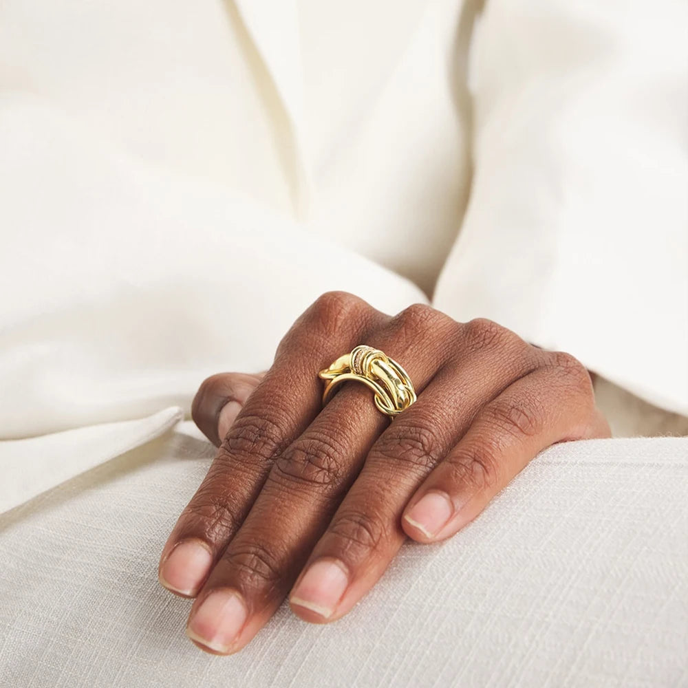 Fashion Luxury Cubic Zirconia Gold Plated Multilayer Connecting Rings Set for Women Mixed Color Stackable Finger Ring Jewelry fo