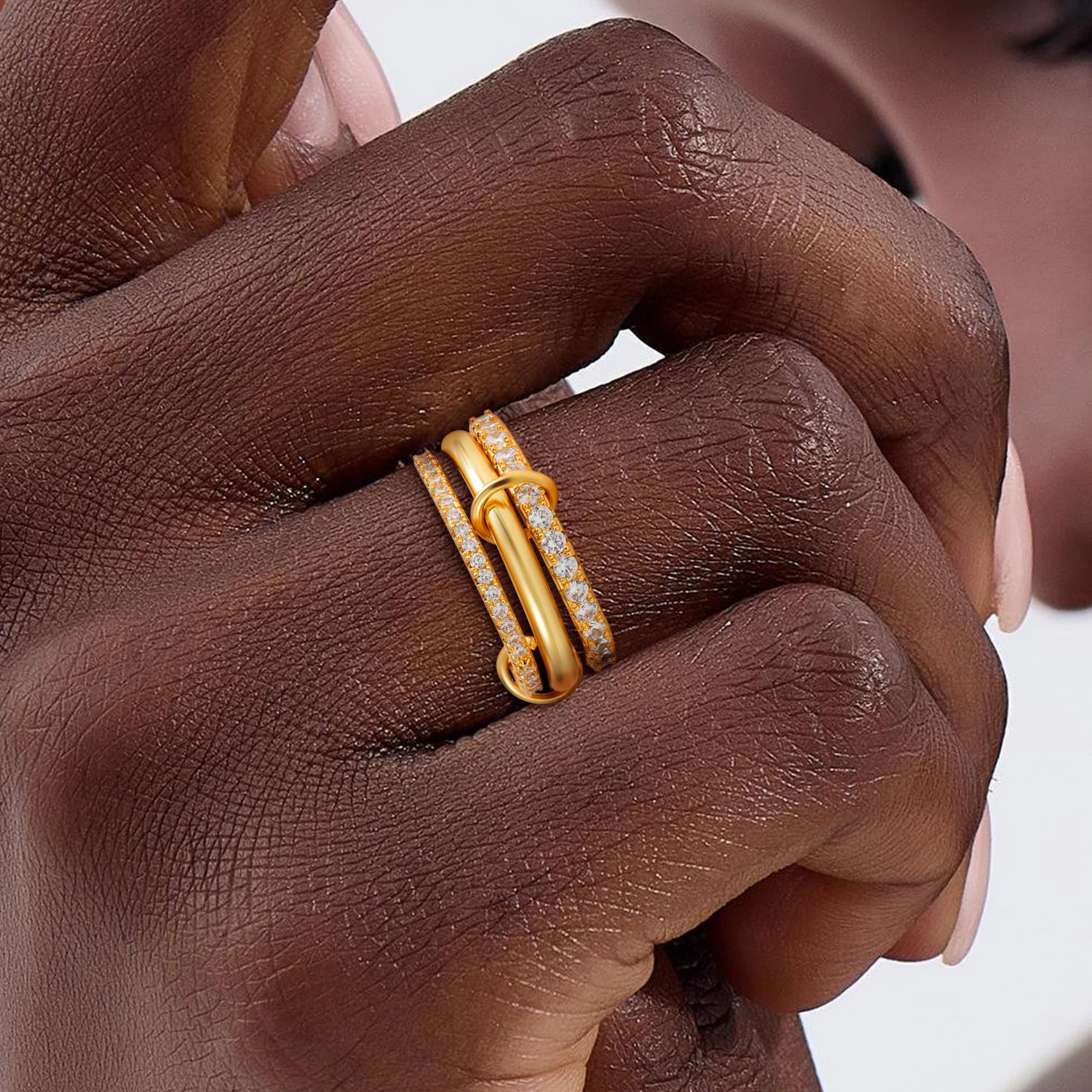 Fashion Luxury Cubic Zirconia Gold Plated Multilayer Connecting Rings Set for Women Mixed Color Stackable Finger Ring Jewelry fo