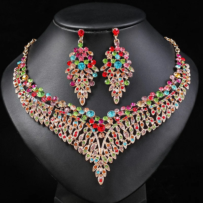 Gorgeous Colorful Crystal Rhinestone Lucky Necklace Earring Set Wedding Party Costume Jewellery NewStyle Trendy design Girl Gift