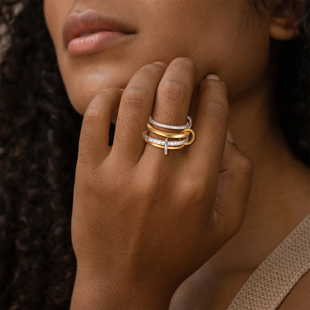 Fashion Luxury Cubic Zirconia Gold Plated Multilayer Connecting Rings Set for Women Mixed Color Stackable Finger Ring Jewelry fo