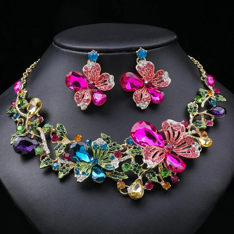 Gorgeous Colorful Crystal Rhinestone Lucky Necklace Earring Set Wedding Party Costume Jewellery NewStyle Trendy design Girl Gift