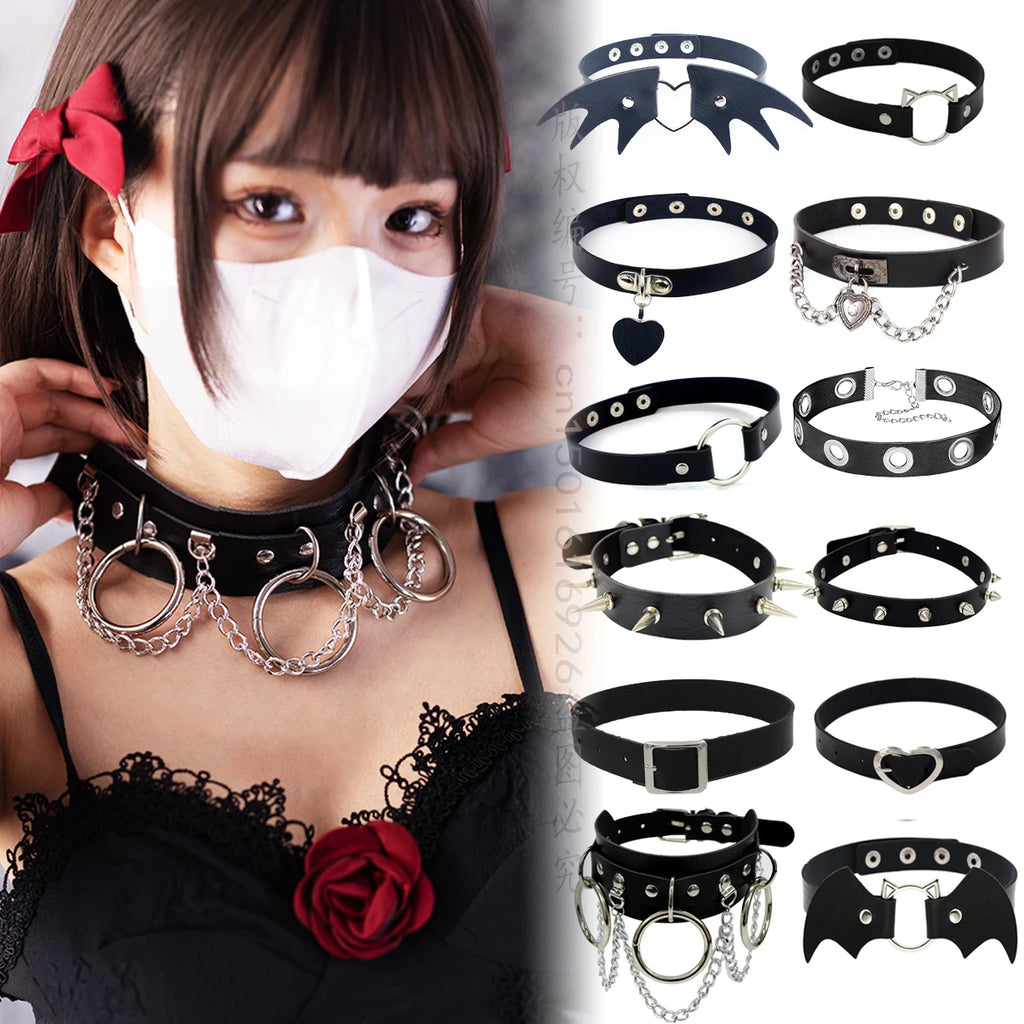 Woman Black Bat Punk Choker Collar Necklace Sexy PU Leather Heart Lock Key Spike Gothic Cosplay Accessories Party Jewelry New