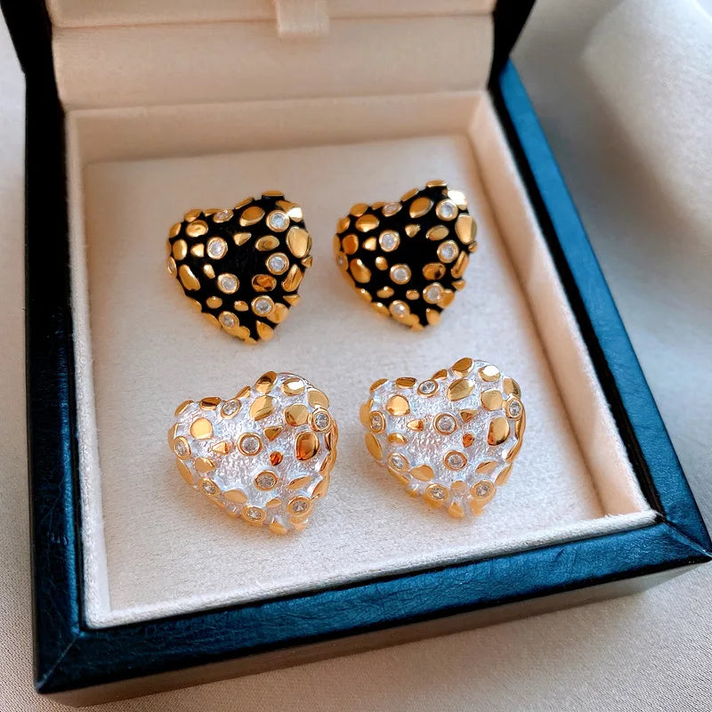 DREJEW Zircon Heart Minimalist Stud Earrings 2026 Retro Personality Fashion Earring for Women Sparkle  Bridal Jewelry Gifts