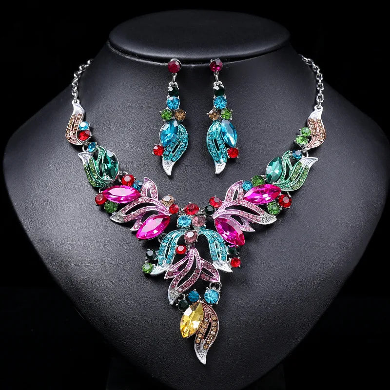 Gorgeous Colorful Crystal Rhinestone Lucky Necklace Earring Set Wedding Party Costume Jewellery NewStyle Trendy design Girl Gift