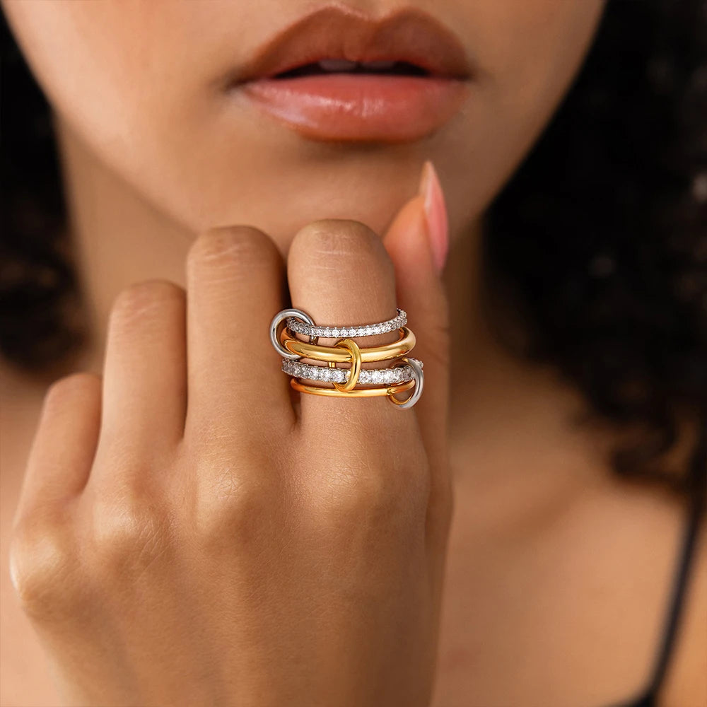 Fashion Luxury Cubic Zirconia Gold Plated Multilayer Connecting Rings Set for Women Mixed Color Stackable Finger Ring Jewelry fo